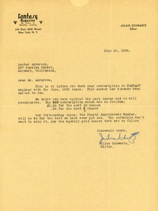 #179509) Typewritten letter, signed (TLs) dated 23 July 1936 on Fantasy Magazine letterhead from...
