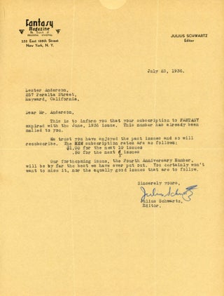 #179509) Typewritten letter, signed (TLs) dated 23 July 1936 on Fantasy Magazine letterhead from...