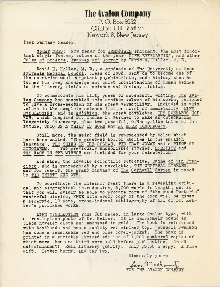 (#179824) PROMOTIONAL LETTER FOR LIFE EVERLASTING, A COLLECTION OF SHORT FICTION WRITTEN BY DAVID H. KELLER, M.D., PUBLISHED IN 1947. Fan History, The Avalon Company, Sam Moskowitz.