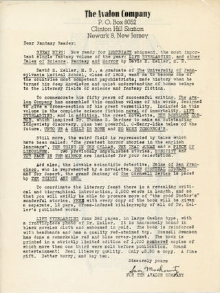 #179824) PROMOTIONAL LETTER FOR LIFE EVERLASTING, A COLLECTION OF SHORT FICTION WRITTEN BY DAVID...