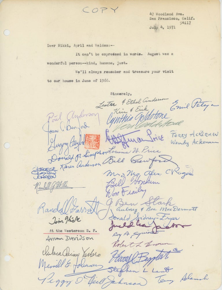 (#179845) CONDOLENCE LETTER SENT TO AUGUST DERLETH'S CHILDREN, APRIL AND WALDEN, AND RIKKI, THEIR FAMILY FRIEND, SIGNED BY 34 ATTENDEES OF WESTERCON 24. Fan History, August Derleth, Arkham House, Westercon 24.