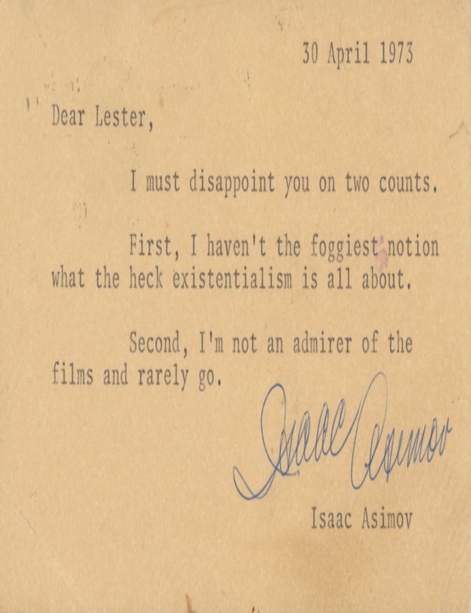 (#179846) Typed postcard to "Dear Lester" [Lester A. Anderson], dated 30 April 1973, signed "Isaac Asimov.". Isaac Asimov.