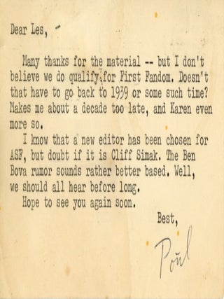 #179847) Typed postcard to "Dear Les" [Lester A. Anderson], postmarked 20 October 1971,...