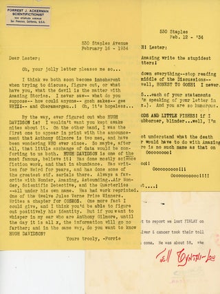 #179851) TWO TYPEWRITTEN LETTERS AND A POSTCARD TO "LESTER" [LESTER A. ANDERSON], THE...