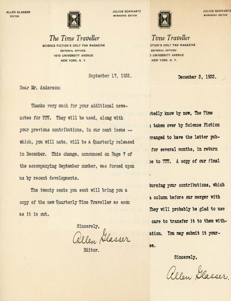 (#179853) TWO TYPEWRITTEN LETTERS ON THE MAGAZINE'S LETTERHEAD TO "DEAR MR. ANDERSON" [LESTER A. ANDERSON], THE FIRST DATED 17 SEPTEMBER 1932, THE SECOND DATED 3 DECEMBER 1932, BOTH SIGNED BY EDITOR ALLEN GLASSER. Fan History, The Time Traveller, Allen Glasser.