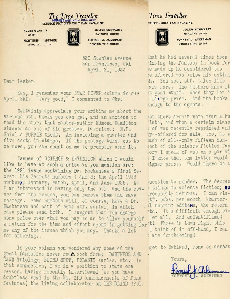 (#179854) TWO-PAGE TYPEWRITTEN LETTER ON THE TIME TRAVELLER LETTERHEAD TO "DEAR LESTER" [LESTER A. ANDERSON], DATED 21 APRIL 1933, SIGNED BY CONTRIBUTING EDITOR FORREST J. ACKERMAN. Fan History, The / Science Fiction Digest Time Traveller, Forrest J. Ackerman.