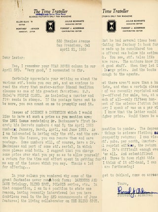 #179854) TWO-PAGE TYPEWRITTEN LETTER ON THE TIME TRAVELLER LETTERHEAD TO "DEAR LESTER"...