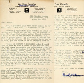 #179854) TWO-PAGE TYPEWRITTEN LETTER ON THE TIME TRAVELLER LETTERHEAD TO "DEAR LESTER"...