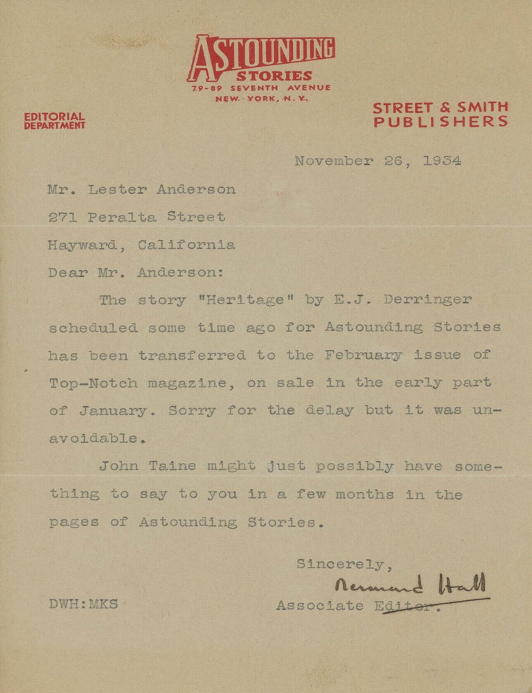 (#179860) TYPEWRITTEN LETTER ON ASTOUNDING STORIES LETTERHEAD ADDRESSED TO "DEAR MR. ANDERSON" [LESTER A. ANDERSON], DATED 26 NOVEMBER 1934, SIGNED BY ASTOUNDING STORIES ASSOCIATE EDITOR DESMOND W. HALL. Fan History, Street, Smith Publishers, Astounding Stories, Desmond W. Hall.