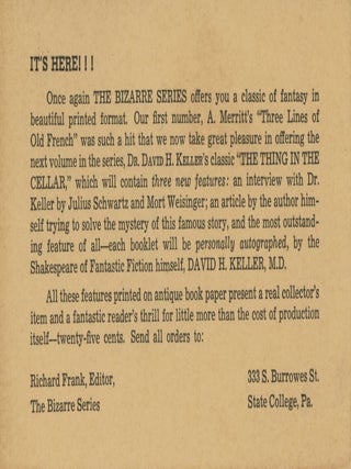 #179863) ADVERTISING POSTCARD FOR THE THING IN THE CELLAR BY DAVID H. KELLER, M.D., 1940. Fan...