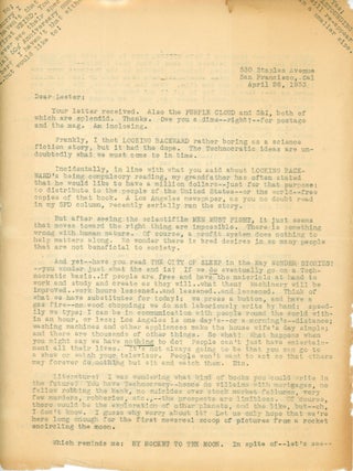 #179864) TWO-PAGE TYPEWRITTEN LETTER ON PLAIN PAPER TO "DEAR LESTER" [LESTER A....